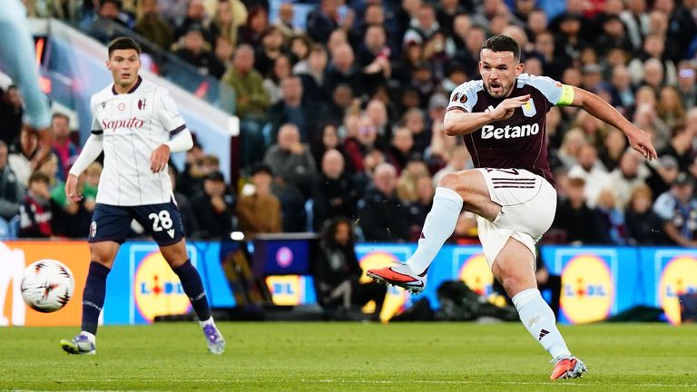 John McGinn scores the opening goal for Aston Villa against Bologna