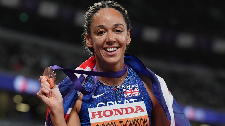 Great Britain's Katarina Johnson-Thompson celebrates after winning a shared bronze medal for Women's Heptathlon on day eight of the 2025 Wor