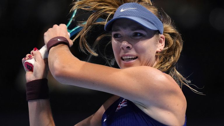 Katie Boulter, of Britain returns a backhand shot to Jessica Pegula, of the United States during the Billie Jean King Cup semifinals tennis 