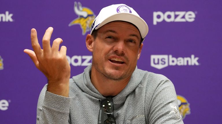 Minnesota Vikings head coach Kevin O'Connell gestures during a press conference ahead of their match against Pittsburgh Steelers in Dublin, Friday, Sept. 26, 2025.(AP Photo/Frank Augstein)