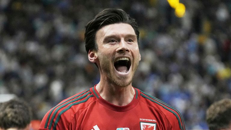 Wales' Kieffer Moore celebrates after scoring his side's opening goal against Kazakhstan