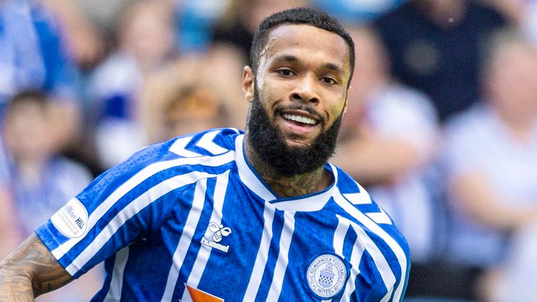 KILMARNOCK, SCOTLAND - AUGUST 17: Kilmarnock...s Djenairo Daniels in action during a Premier Sports Cup Second Round match between Kilmarnock and Dundee United at the BBSP Stadium Rugby Park, on August 17, 2025, in Kilmarnock, Scotland. (Photo by Ross MacDonald / SNS Group)