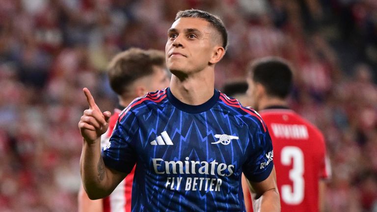 Arsenal's Leandro Trossard reacts after scoring his side's second goal against Athletic Club