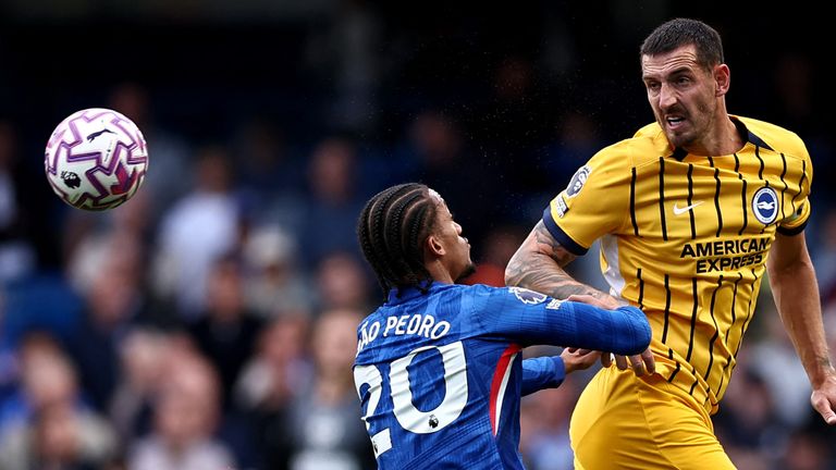 Lewis Dunk heads clear under pressure from Joao Pedro