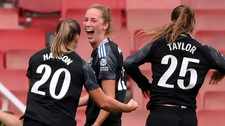 Aston Villa's Lucy Parker celebrates her late equaliser against Arsenal