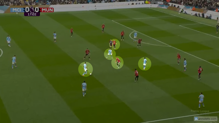 Rodri, Foden y Doku formaron una sobrecarga contra Ugarte y Fernandes