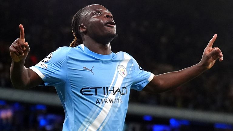 Manchester City's Jeremy Doku celebrates scoring the second goal against Napoli