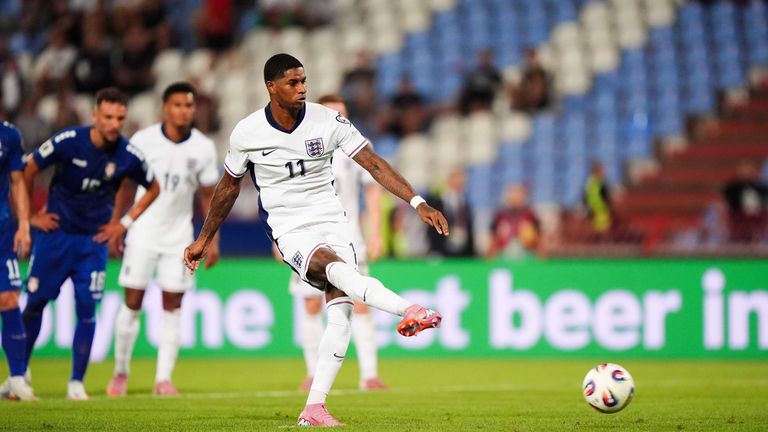 Marcus Rashford converts from the spot to seal England's 5-0 win over Serbia in Belgrade