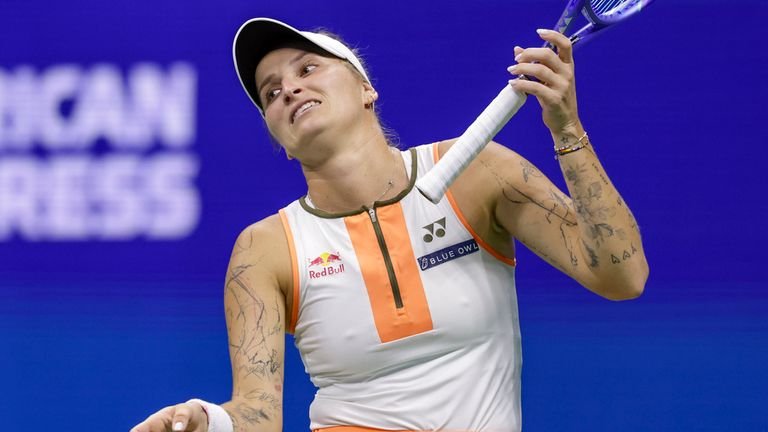 Marketa Vondrousova, of the Czech Republic, reacts after a rally against Elena Rybakina, of Kazakhstan, during the fourth round of the US Op