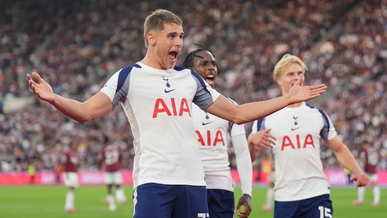 Micky van de Ven (left) celebrates after scoring Tottenham Hotspur's third goal