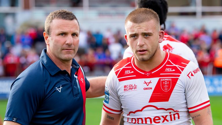 Picture by Allan McKenzie/SWpix.com - 07/09/2025 - Rugby League - Betfred Super League Round 25 - Hull KR v Hull FC - Sewell Group Craven Park, Hull, England - Hull KR's coach Willie Peters and Mikey Lewis after victory over Hull FC.