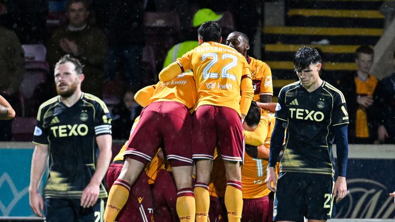 MOTHERWELL, SCOTLAND - SEPTEMBER 27: Motherwell's Apostolos Stamatelopoulos celebrates scoring a penalty to make it 2-0 with teammates during a William Hill Premiership match between Motherwell and Aberdeen at Fir Park Stadium, on September 27, 2025, in Motherwell, Scotland. (Photo by Rob Casey / SNS Group)