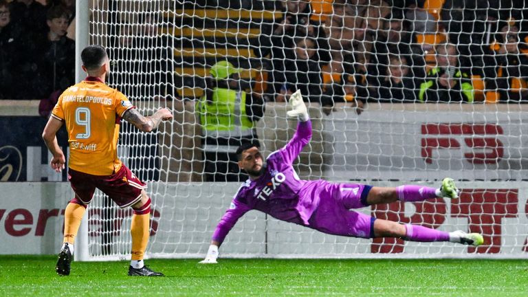 Motherwell's Apostolos Stamatelopoulos scores a penalty to make it 2-0 during a Premiership match between Motherwell and Aberdeen 