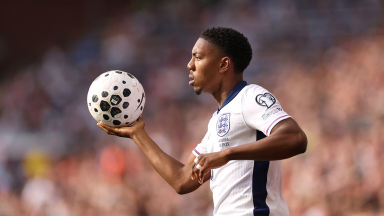 Myles Lewis-Skelly prepares to take a throw for England