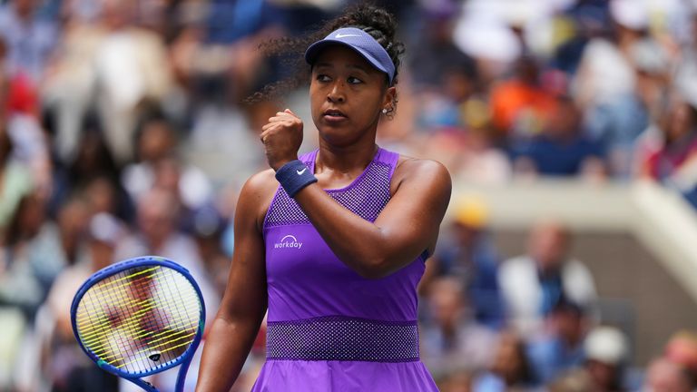 Naomi Osaka, of Japan, reacts during her match against Coco Gauff, of the United States, in the fourth round of the US Open tennis championships, Monday, Sept. 1, 2025, in New York. (AP Photo/Kirsty Wigglesworth)