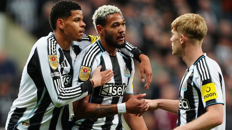 Newcastle United's Joelinton celebrates with team-mates after opening the scoring against Bradford