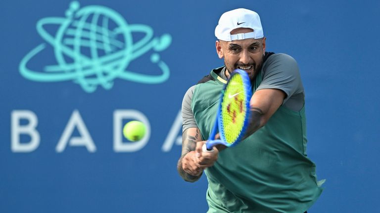 NICK KYRGIOS hits a backhand during his doubles match at the Rock Creek Tennis Center. (Cal Sport Media via AP Images)