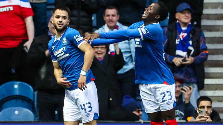 GLASGOW, SCOTLAND - SEPTEMBER 20: Rangers' Nicolas Raskin (L) celebrates scoring to make it 1-0 with Djeidi Gassama during a Premier Sports Cup Quarter-Final match between Rangers and Hibernian at Ibrox Stadium, on September 20, 2025, in Glasgow, Scotland. (Photo by Alan Harvey / SNS Group)