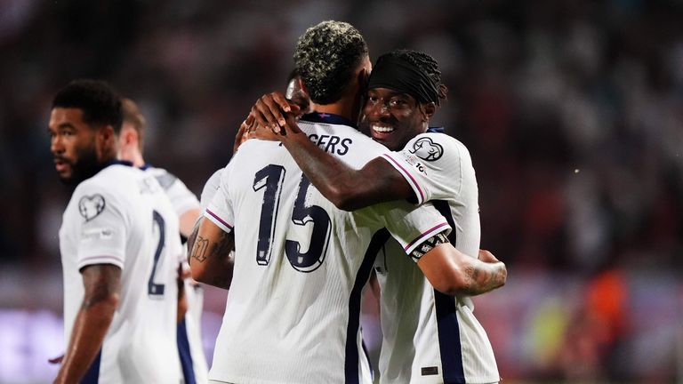 Noni Madoyk celebrates England by scoring his second goal with Morgan Rogers during the 2026 FIFA World Cup qualifiers, Group K Match 