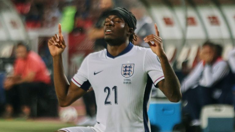 England's Noni Madueke celebrates after scoring his side's second goal 