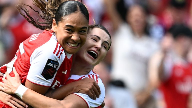 Olivia Smith celebrates her stunning debut goal for Arsenal against London City Lionesses with team-mate Emily Fox