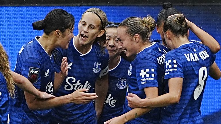 Ornella Vignola is joined in celebration by her Everton team-mates after scoring in the WSL win at Liverpool