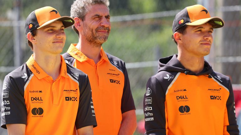 McLaren boss Andrea Stella with his two title-chasing drivers at Monza, Oscar Piastri and Lando Norris