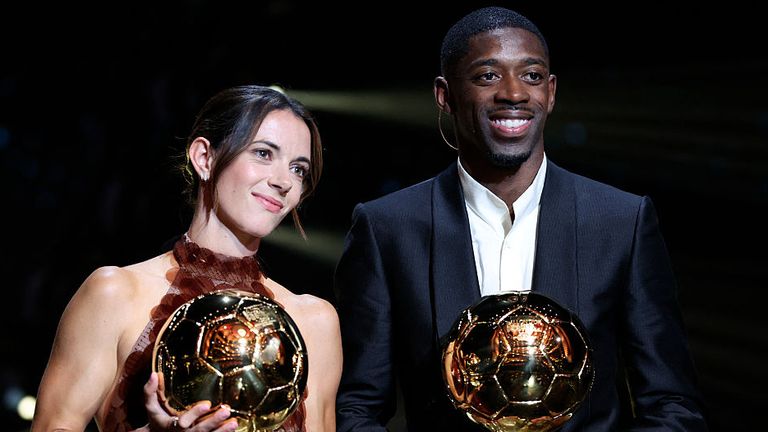Paris Saint-Germain's French forward Ousmane Dembele and Barcelona's Spanish midfielder and Ballon d...Or 2024 winner Aitana Bonmati pose after receiving the Ballon d'Or awards during the 2025 Ballon d'Or France Football award ceremony at the Theatre du Chatelet in Paris on September 22, 2025. (Photo by Franck FIFE / AFP)