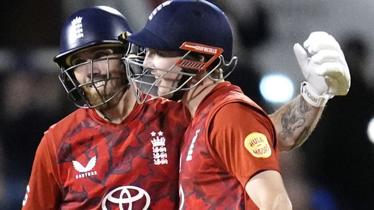 Phil Salt is congratulated by Harry Brook after England sensational 304-2 against South Africa in the second T20 international
