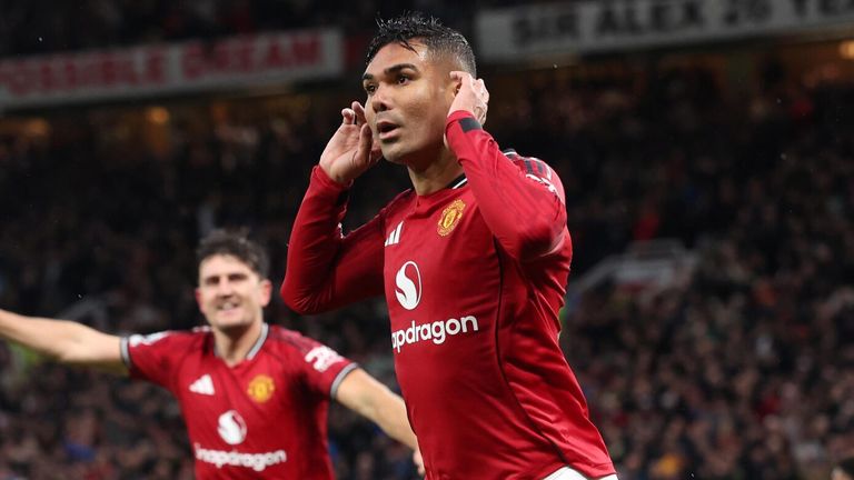 Casemiro celebrates after doubling Manchester United's lead against Chelsea