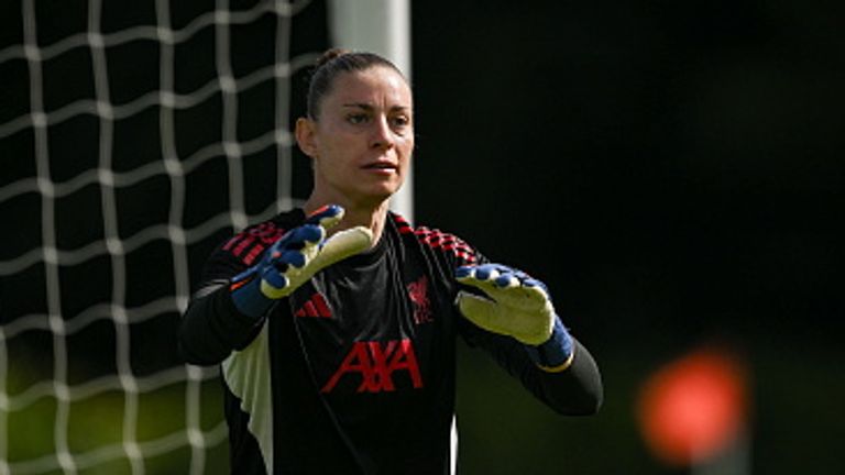 CORK, IRELAND - AUGUST 26: Goalkeeper Rafaela Borggrafe during the Liverpool Women training session at Fota Island Resort on August 26, 2025 in Cork, Ireland. (Photo by Liverpool FC/Liverpool FC via Getty Images)