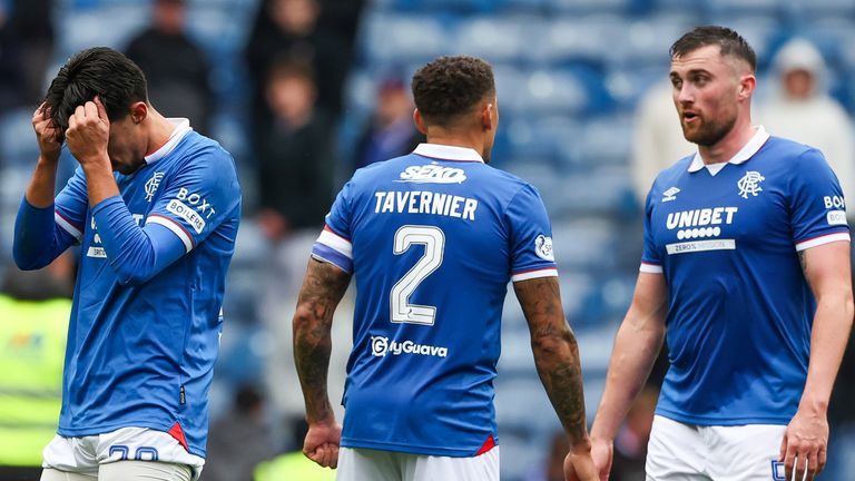 GLASGOW, SCOTLAND - SEPTEMBER 13: Rangers' Bojan Miovski looks dejected at full time during a William Hill Premiership match between Rangers and Heart of Midlothian at Ibrox Stadium, on September 13, 2025, in Glasgow, Scotland. (Photo by Craig Williamson / SNS Group)