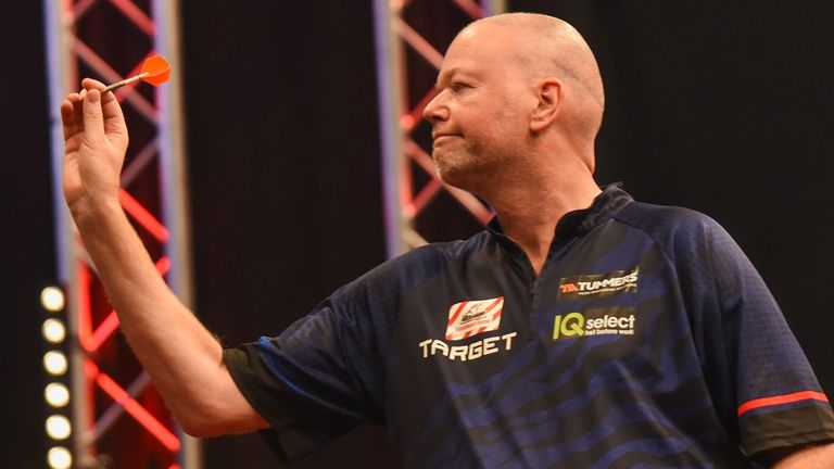 Raymond van Barneveld in action at the Swiss Darts Trophy  (Pic: Jan Thoden/PDC Europe)