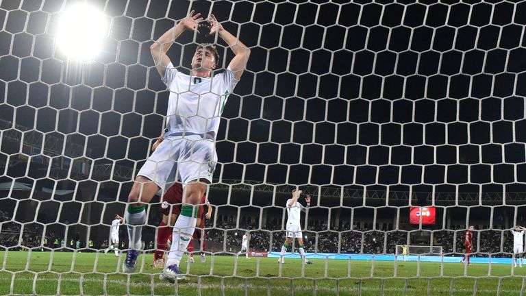 Ireland's Evan Ferguson reacts after missing to score during a World Cup 2026 group F qualifying soccer match between Armenia and Ireland at the Vazgen Sargsyan stadium in Yerevan, Armenia, Tuesday, Sept. 9, 2025. (AP Photo/Hakob Berberyan)