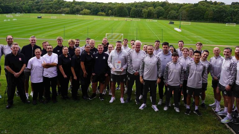 Rob Edwards with his Middlesbrough staff after picking up the Sky Bet Championship Manager of the Month award for August