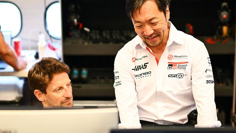 Romain Grosjean and Ayao Komatsu (Haas F1 Team image)