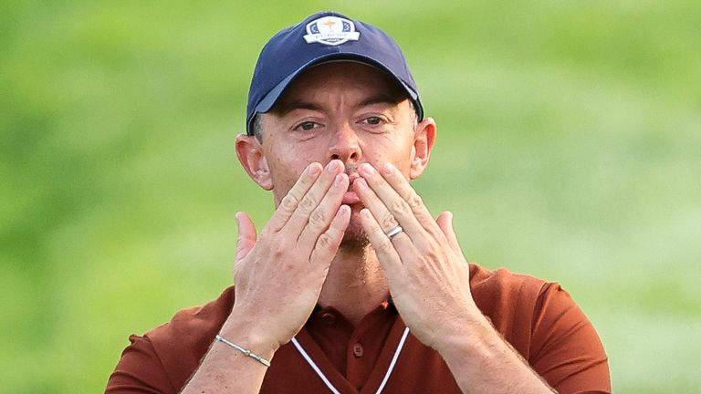 Rory McIlroy gives it back to the US crowd at Bethpage Black during Saturday foursomes at the Ryder Cup