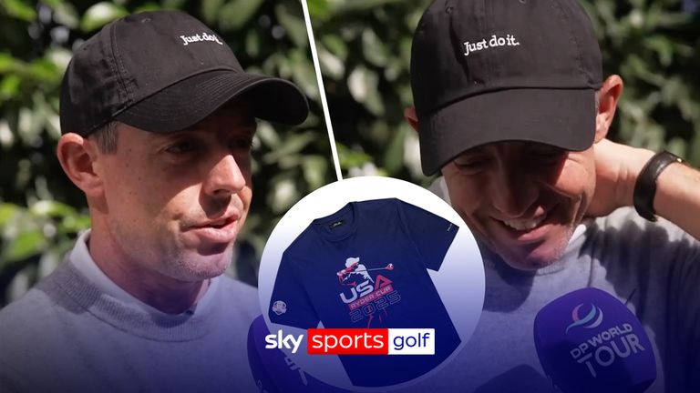 Rory McIlroy speaks to Sky Sports' Jamie Weir as he looks ahead to the Ryder Cup at the end of September and reacts to a US Ryder Cup t-shirt that looks like a  silhouette of him. 