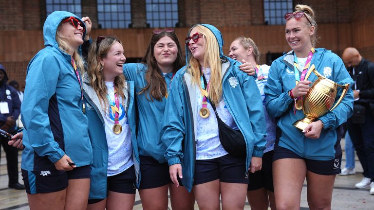 England's Rosie Galligan holds the trophy during the Champions Party at Battersea Power Station