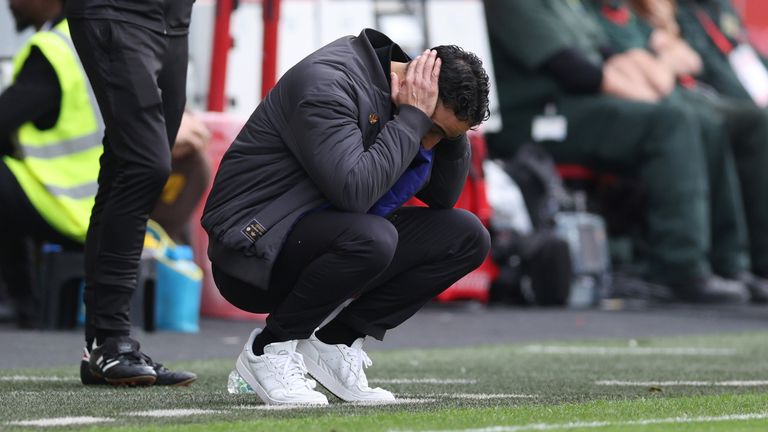 Ruben Amorim reacts during the 3-1 defeat to Brentford
