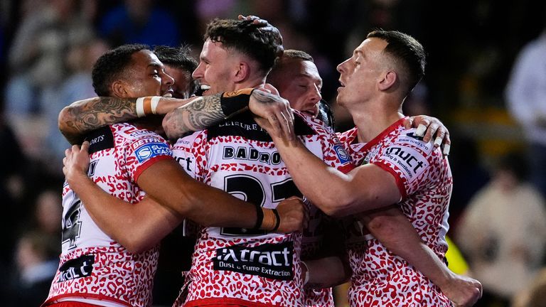 Picture by Olly Hassell/SWpix.com - 12/09/2025 - Rugby League - Betfred Super League Round 26 - Leigh Leopards v St Helens - Leigh Sports Village, Leigh , England - Leigh Leopards celebrating the first try of the match from Andrew Badrock