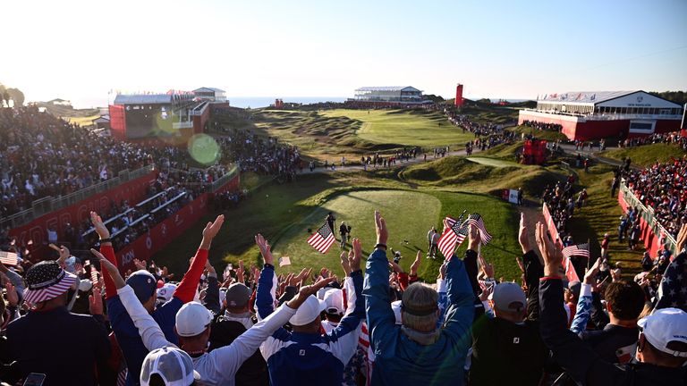 Team USA fans create an intimidating atmosphere on the opening tee during the 2021 Ryder Cup at Whistling Straits