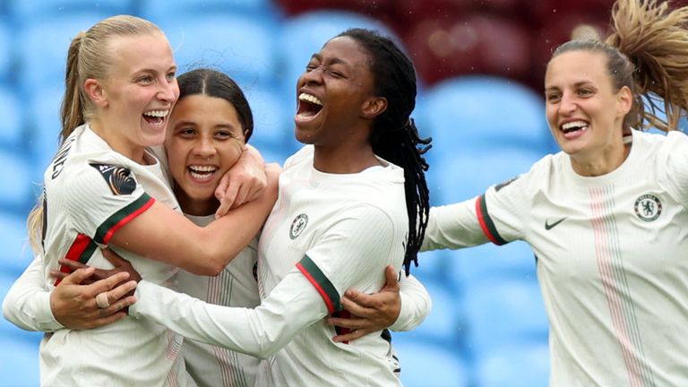 Sam Kerr is congratulated by team-mates after scoring Chelsea's third goal of the game