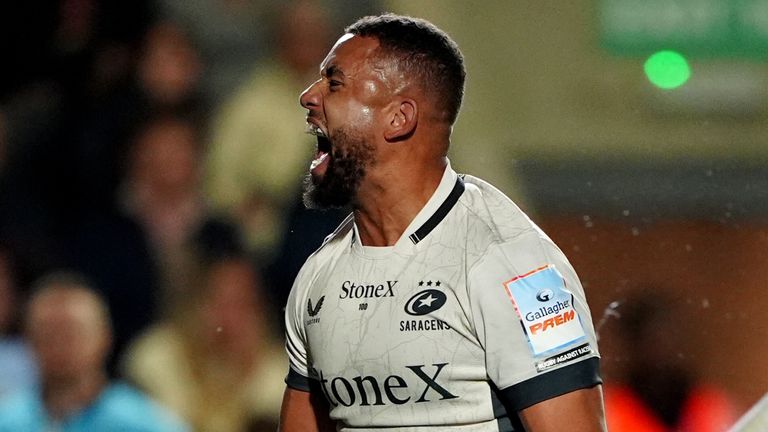 Saracens' Andy Onyeama-Christie celebrates after scoring a try during the Gallagher PREM match at Kingston Park