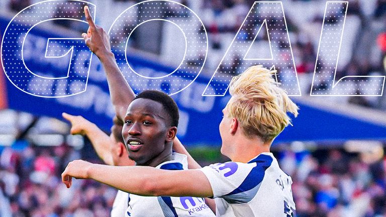 Pape Matar Sarr scores for Spurs against West Ham