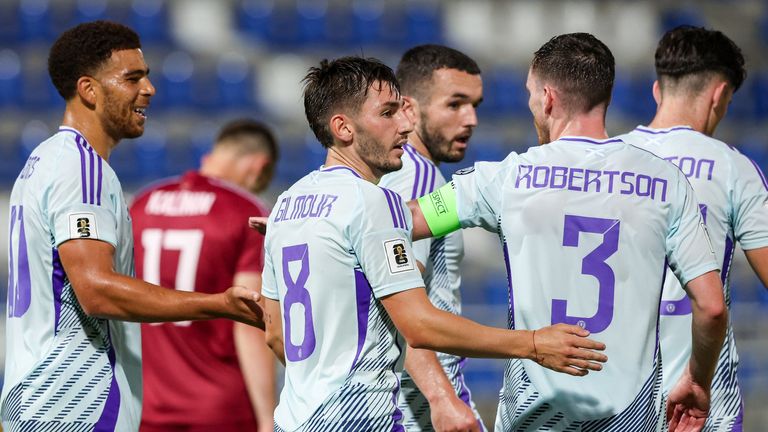 Scotland's Billy Gilmour (centre) celebrates after Belarus' Zakhar Volkov scores an own goal