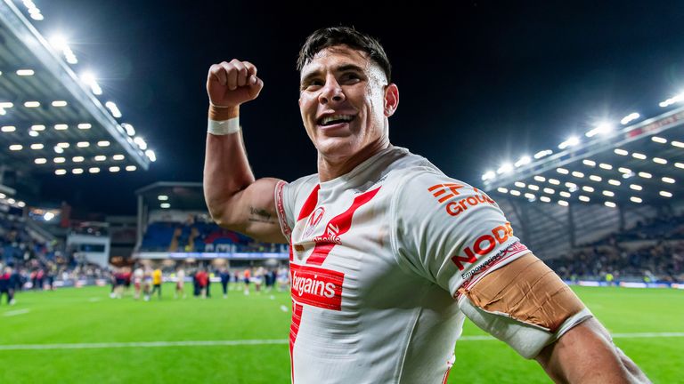 Picture by Allan McKenzie/SWpix.com - 27/09/2025 - Rugby League - Betfred Super League Eliminator - Leeds Rhinos v St Helens - AMT Headingley, Leeds, England - St Helens' Shane Wright, who scored on the last play of the game to give victory over Leeds, celebrates to his fans.