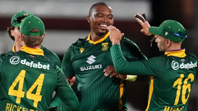 South Africa's Lungi Ngidi (centre) celebrates with team-mates after taking the wicket of England's Jos Buttler (PA Images)