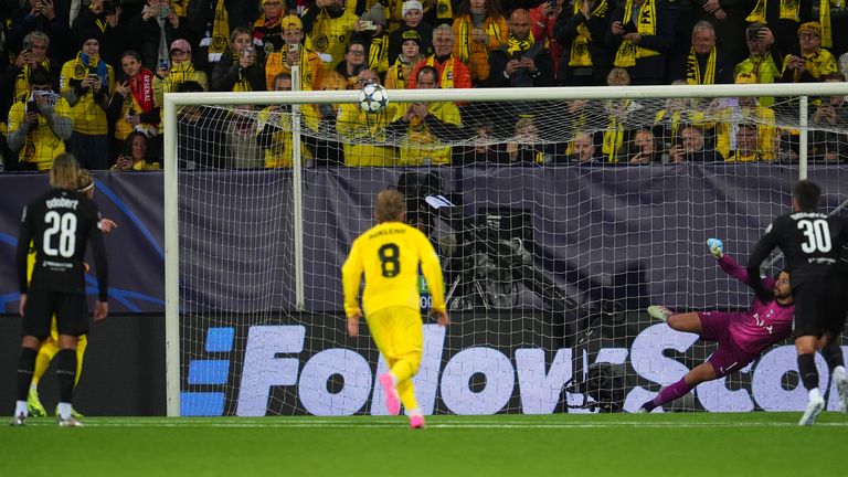Kasper Hogh misses a first-half penalty for Bodo/Glimt against Tottenham