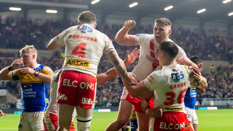 Picture by Allan McKenzie/SWpix.com - 27/09/2025 - Rugby League - Betfred Super League Eliminator - Leeds Rhinos v St Helens - AMT Headingley, Leeds, England - St Helens' Jack Welsby celebrates victory over Leeds.
